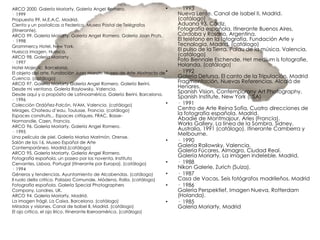ARCO 2000. Galería Moriarty. Galería Angel Romero.                    •   · 1993
· 1999                                                                    Nueva Lente. Canal de Isabel II, Madrid.
Propuesta 99, M.E.A.C. Madrid.                                            (catálogo)
Ciento y un postalicas a Federico. Museo Postal de Telégrafos             Aduana 93. Cádiz.
(itinerante).                                                             Fotografía española. Itinerante Buenos Aires,
ARCO 99. Galería Moriarty. Galería Angel Romero. Galería Joan Prats.      Córdoba y Rosario, Argentina.
· 1998                                                                    El teléfono en la fotografía. Fundación Arte y
Grammercy Hotel, New York.                                                Tecnología. Madrid. (catálogo)
Huesca imagen. Huesca.                                                    El pulso de la Tierra. Palau de la música. Valencia.
ARCO 98. Galería Moriarty .
                                                                          (catálogo)
· 1997
                                                                          Foto Biennale Eschende. Het medium is fotografie,
                                                                          Holanda. (catálogo)
Hotel Majestic, Barcelona.
El objeto del arte. Fundación Juan March. Museo de Arte Abstracto de •    · 1992
Cuenca. (catálogo)                                                        Galería Detursa. El canto de la Tripulación. Madrid
ARCO 97. Galería Moriarty Galería Angel Romero. Galería Berini.           Fragmentación, Nuevas Referencias. Alcalá de
Desde mi ventana. Galería Raylowsky, Valencia.
                                                                          Henares.
Desde aquí y a propósito de Latinoamérica. Galería Berini, Barcelona.
                                                                          Spanish Vision, Contemporany Art Photography.
                                                                          Spanish Institute, New York (USA)
· 1996
Colección Ordóñez-Falcón, IVAM, Valencia. (catálogo)                  •   · 1991
Mirages, Chateau d‟eau, Toulusse, Francia. (catálogo)                     Centro de Arte Reina Sofía, Cuatro direcciones de
Espaces construits... Espaces critiques. FRAC, Basse-                     la fotografía española, Madrid.
Normandie, Caen, Francia.
                                                                          Abadie de Montmajour, Arles (Francia).
ARCO 96. Galería Moriarty. Galería Angel Romero.
                                                                          Works Gallery, La línea de la Sombra, Sidney,
                                                                          Australia, 1991 (catálogo). Itinerante Camberra y
· 1995
                                                                          Melbourne.
Una película de piel. Galería Marisa Marimón, Orense.
Salón de los 16, Museo Español de Arte                                •   · 1990
Contemporáneo, Madrid.(catálogo)                                          Galería Railowsky, Valencia.
ARCO 95. Galería Moriarty. Galería Angel Romero.
                                                                          Galería Fúcares, Almagro, Ciudad Real.
Fotografía española, un paseo por los noventa. Instituto
                                                                          Galería Moriarty, La imagen indeleble, Madrid.
Cervantes, Lisboa, Portugal (itinerante por Europa). (catálogo)       •   · 1988
· 1994                                                                    Nikon Galerie, Zurich (Suiza).
Géneros y tendencias. Ayuntamiento de Alcobendas. (catálogo)          •   · 1987
Il ruolo della critica. Palazzo Comunale, Módena, Italia. (catálogo)      Casa de Vacas, Seis fotógrafos madrileños, Madrid
Fotografía española. Galería Special Photographers                    •   · 1986
Company, Londres, UK.                                                     Galería Perspektief, Imagen Nueva, Rotterdam
ARCO 94. Galería Moriarty, Madrid.                                        (Holanda).
La imagen frágil. La Caixa, Barcelona. (catálogo)                     •   · 1985
Miradas y visiones. Canal de Isabel II, Madrid. (catálogo)                Galería Moriarty, Madrid
El ojo crítico, el ojo lírico. Itinerante Iberoamérica. (catálogo)
 