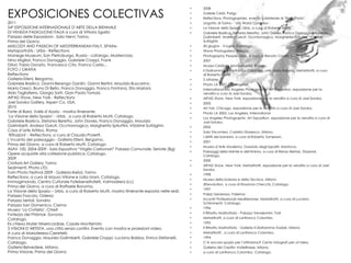 EXPOSICIONES COLECTIVAS
                                                                                                  •   2008
                                                                                                  •   Galerie Celàl, Parigi.
                                                                                                  •   Reflections, Photographies, evento collaterale di „Paris Photo‟,
2011                                                                                              •   Lingotto di Torino - „UIA World Congress‟.
54° ESPOSIZIONE INTERNAZIONALE D‟ARTE DELLA BIENNALE                                              •   La Visione dello Spazio, Urbis, a cura di Roberto Mutti,
DI VENEZIA PADIGLIONE ITALIA a cura di Vittorio Sgarbi                                            •   Gabriele Basilico, Stefania Beretta, John Davies, Franco Donaggio, Maurizio
Palazzo delle Esposizioni - Sala Nervi, Torino.                                                       Galimberti, Andrea Garuti, Occhiomagico, Margherita Spiluttini, Vlàdimir
Prima del Giorno.                                                                                     Sutiàghin
«MELODY AND PASSION OF MEDITERRANEAN ITALY, SPAIN»                                                •   30 giugno - 3 luglio. Catalogo.
Metaportraits - Urbis - Reflections                                                               •   Wave Photogallery, Brescia.
Manege Museum, San Pietroburgo, Russia - catalogo. Masterclass.                                   •   Photography People, Urbis, a cura di Renato Corsini. 1 - 29 aprile
Nino Migliori, Franco Donaggio, Gabriele Croppi, Frank                                            •   2007
Dituri, Fabio Donato, Francesco Cito, Franco Carlisi...                                           •   Museo Centrale Montemartini, Roma
FOTO / GRAFIA                                                                                     •   Il Diaframma di Lanfranco Colombo, una storia Italiana, Metaritratti, a cura
Reflections                                                                                           di Roberto Mutti,
Galleria Elleni, Bergamo.                                                                         •   2 ottobre
Gabriele Basilico, Gianni Berengo Gardin, Gianni Bertini, Maurizio Buscarino,                     •   Photo LA 2007, Los Angeles,
Mario Cresci, Bruno Di Bello, Franco Donaggio, Franco Fontana, Elio Mariani,                      •   International Los Angeles Photographic Art Exposition, esposizione per la
Aldo Tagliaferro, Giorgio Sorti, Gian Paolo Tomasi.                                                   vendita a cura di Joel Soroka.
AIPAD Show, New York - Reflections                                                                •   AIPAD Show, New York, esposizione per la vendita a cura di Joel Soroka.
Joel Soroka Gallery, Aspen Co, USA.                                                               •   2005
2010                                                                                              •   Art Fair, Chicago, esposizione per la vendita a cura di Joel Soroka.
Forte di Bard, Valle d‟Aosta - mostra itinerante.                                                 •   Photo LA 2005, Los Angeles, International
„La Visione dello Spazio‟ - Urbis , a cura di Roberto Mutti. Catalogo                             •   Los Angeles Photographic Art Exposition, esposizione per la vendita a cura di
Gabriele Basilico, Stefania Beretta, John Davies, Franco Donaggio, Maurizio                           Joel Soroka.
Galimberti, Andrea Garuti, Occhiomagico, Margherita Spiluttini, Vlàdimir Sutiàghin.               •   2002
Casa d‟arte Artribù, Roma                                                                         •   Sala Viscontea, Castello Sforzesco, Milano.
„Rifrazioni‟ - Reflections, a cura di Claudio Proietti.                                           •   I diritti dei bambini, a cura di Roberto Tomesani,
L‟incanto del paesaggio - Galleria Elleni, Bergamo.
                                                                                                  •   2001
Prima del Giorno, a cura di Roberto Mutti. Catalogo
                                                                                                  •   Museo d‟Arte Moderna, Gazoldo degli Ippoliti, Mantova.
ASAV 100, 2004-2009 - Sala Espositiva “Virgilio Carbonari” Palazzo Comunale, Seriate (Bg)
                                                                                                  •   Paesaggi della Mente e dell'Anima, a cura di Renzo Bertasi. Stazione.
Opere acquisite alla collezione pubblica. Catalogo.                                                   Catalogo.
2009
                                                                                                  •   2000
Cristiani Art Gallery, Torino
                                                                                                  •   AIPAD Show, New York, Metaritratti, esposizione per la vendita a cura di Joel
Sedimenti, Photo LTD.                                                                                 Soroka.
Turin Photo Festival 2009 - Galleria Ikebò, Torino
                                                                                                  •   1998
Reflections, a cura di Mauro Villone e Lidia Urani. Catalogo.
                                                                                                  •   Museo della Scienza e della Tecnica, Milano
Immagimondo, Centro Culturale Fatebenefratelli, Valmadrera (Lc)
                                                                                                  •   (R)evolution, a cura di Rosanna Checchi,.Catalogo.
Prima del Giorno, a cura di Raffaele Bonomo.
                                                                                                  •   1997
La Visione dello Spazio – Urbis, a cura di Roberto Mutti, mostra itinerante esposta nelle sedi:
                                                                                                  •   Polizzi Generosa, Palermo
Palazzo Foscolo, Oderzo
Palazzo Sertoli, Sondrio                                                                          •   Incontri Professionali Mediterranei, Metaritratti, a cura di Luciano
                                                                                                      Schimmenti. Catalogo.
Palazzo San Domenico, Crema
                                                                                                  •   1996
Museo „La Civitella‟, Chieti
Fortezza del Priàmar, Savona.                                                                     •   Il Ritratto Maltrattato - Palazzo Vendermini, Forli.
Catalogo.                                                                                         •   Metaritratti, a cura di Lanfranco Colombo.
Ex chiesa Mater Misericordiae, Casale Monferrato                                                  •   1995
5 VISIONI D‟ARTISTA, una città senza confini. Evento con mostra e proiezioni video.               •   Il Ritratto Maltrattato - Galleria Il Diaframma Kodak, Milano
A cura di Mariateresa Cerretelli.                                                                 •   Metaritratti , a cura di Lanfranco Colombo,
Franco Donaggio, Maurizio Galimberti, Gabriele Croppi, Luciano Bobba, Enrico Stefanelli.          •   1994
Catalogo.                                                                                         •   C‟è ancora spazio per l‟ottimismo? Cento fofografi per un‟idea,
Galleria Belvedere, Milano.                                                                       •   Galleria del Credito Valtellinese. Milano.
Prima Visione, Prima del Giorno                                                                   •   a cura di Lanfranco Colombo, Catalogo.
 