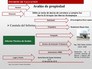 INFORME DE VALUACION
Caratula del Informe
Fotografía
Lugar y Fecha
Nombre del Avaluador Profesional
Avalúo de propiedad
Informe Técnico de Avalúo
www.romaye.com.ve
Ing. Noe Isaias Canelo Guardado
500m al norte de desvío de carretera a Lempira Sur
Barrio El Arrayan San Marcos Ocotepeque
Direccion
Solicitante
Propietario
Elvia Angelica Ruiz Lopez
Rudesman Reyes Sosa
Ing. Noé Isaías Canelo
CICH- 2439
Autorización CNBS Resolución de la
Comisión Nacional de
Bancos y Seguros VAC
SPV No.13/22-02-2016Santa Rosa de Copan Honduras
C.A.
23 de julio de 2018
Nombre
 