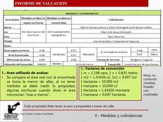 INFORME DE VALUACION
1.- Area utilizada de avaluo:
• Se compara el área real con la encontrada
se toma la menor de ellas, al no tener
medidas se debe medir la propiedad,
algunas escrituras cuando dicen el área
mencionan “mas o menos”.
2.- Factores de conversión
1 m = 1.198 vara, 1 v = 0.835 metro
1 m2 = 1.43426 v2, 1v2 = 0.697 m2
1 hectarea = 10,000 m2
1 manzana = 10,000 v2
1 hectarea = 1.43426 manzana
1 manzana = 0.697 hectarea
Nota: no
confundir
medidas
lineales
con
cuadradas
Toda propiedad debe tener acceso a propiedad a través de calle.
Ing. Noe Isaias Canelo Guardado
V.- Medidas y colindancias
 