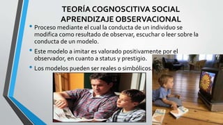 TEORÍA COGNOSCITIVA SOCIAL
APRENDIZAJE OBSERVACIONAL
• Proceso mediante el cual la conducta de un individuo se
modifica como resultado de observar, escuchar o leer sobre la
conducta de un modelo.
• Este modelo a imitar es valorado positivamente por el
observador, en cuanto a status y prestigio.
• Los modelos pueden ser reales o simbólicos.
 