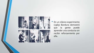 • En un clásico experimento
(1965) Bandura demostró
que la gente puede
aprender una conducta sin
recibir reforzamiento por
ella.
 
