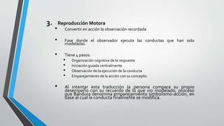3. Reproducción Motora
• Convertir en acción la observación recordada
• Fase donde el observador ejecuta las conductas que han sido
modeladas.
• Tiene 4 pasos:
• Organización cognitiva de la respuesta
• Iniciación guiada centralmente
• Observación de la ejecución de la conducta
• Emparejamiento de la acción con su concepto.
• Al intentar esta traducción la persona compara su propio
desempeño con su recuerdo de lo que vio modelado, proceso
que Bandura denomina emparejamiento simbolismo-acción, en
base al cual la conducta finalmente se modifica.
 