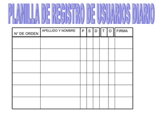 PLANILLA DE REGISTRO DE USUARIOS DIARIO N° DE ORDEN   APELLIDO Y NOMBRE   P FIRMA S D O T 