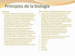 Principios de la biologíaFilogeniaSe llama filogenia al estudio de la historia evolutiva y las relaciones genealógicas de las estirpes. Las comparaciones de secuencias de ADN y de proteínas, facilitadas por el desarrollo técnico de la biología molecular y de la genómica, junto con el estudio comparativo de fósiles u otros restos paleontológicos, generan la información precisa para el análisis filogenético. El esfuerzo de los biólogos por abordar científicamente la comprensión y la clasificación de la diversidad de la vida ha dado lugar al desarrollo de diversas escuelas en competencia, como la fenética, que puede considerarse superada, o la cladística.No se discute que el desarrollo muy reciente de la capacidad de descifrar sobre bases sólidas la filogenia de las especies está catalizando una nueva fase de gran productividad en el desarrollo de la biología.Diversidad: variedad de organismos vivosA pesar de la unidad subyacente, la vida exhibe una asombrosa diversidad en morfología, comportamiento y ciclos vitales. Para afrontar esta diversidad, los biólogos intentan clasificar todas las formas de vida. Esta clasificación científica refleja los árboles evolutivos (árboles filogenéticos) de los diferentes organismos. Dichas clasificaciones son competencia de las disciplinas de la sistemática y la taxonomía. La taxonomía sitúa a los organismos en grupos llamados taxa, mientras que la sistemática trata de encontrar sus relaciones.Tradicionalmente, los seres vivos se han venido clasificando en seis reinos:EubacteriaArchaeaProtistaFungiPlantaeAnimalia