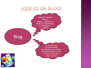 También llamado
              bitácora
        digital, cuaderno de
       bitácora, ciberbitácor
           a, ciberdiari...