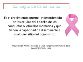 Es el crecimiento anormal y desordenado
de las células del epitelio de los
conductos o lobulillos mamarios y que
tienen la capacidad de diseminarse a
cualquier sitio del organismo.

Organización Panamericana de la Salud / Organización Mundial de la
Salud (OPS/OMS), 2008.

 
