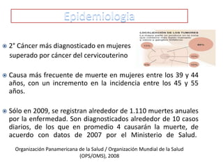 

2° Cáncer más diagnosticado en mujeres
superado por cáncer del cervicouterino



Causa más frecuente de muerte en mujeres entre los 39 y 44
años, con un incremento en la incidencia entre los 45 y 55
años.



Sólo en 2009, se registran alrededor de 1.110 muertes anuales
por la enfermedad. Son diagnosticados alrededor de 10 casos
diarios, de los que en promedio 4 causarán la muerte, de
acuerdo con datos de 2007 por el Ministerio de Salud.
Organización Panamericana de la Salud / Organización Mundial de la Salud
(OPS/OMS), 2008

 