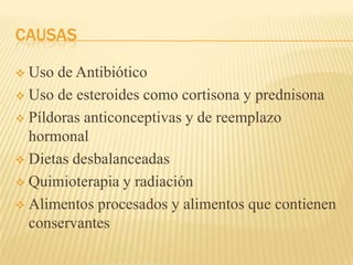 CAUSAS
 Uso de Antibiótico
 Uso de esteroides como cortisona y prednisona
 Píldoras anticonceptivas y de reemplazo
hormonal
 Dietas desbalanceadas
 Quimioterapia y radiación
 Alimentos procesados ​​y alimentos que contienen
conservantes
 