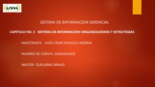 SISTEMA DE INFORMACION GERENCIAL
CAPITULO NO. 3 SISTEMA DE INFORMACION ORGANIZACIONES Y ESTRATEGIAS
MAESTRANTE : JULIO CESAR NOLASCO MEDINA
NUMERO DE CUENTA: 201810010420
MASTER : GUILLERMO BRAND
 