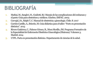 BIBLIOGRAFÍA
1. Mathai,M.,Sanghvi,H.,Guidotti,RJ.Manejodelascomplicacionesdelembarazoy
elparto:Guíaparaobstetricesymédicos.Ginebra.IMPAC.2003
2. Carvajal,JA.,RalphT,C.Manualdeobstetriciayginecología.Chile.8.2017
3. CarriónCastillo,A.,Briceño,M.Guíadidácticaparaeltaller:“Partoenpresentación
distócica”.2013
4. RiveroGutiérrez,C.,PalomoGómez,R.,MoraMorillo,JM.ProgramaFormativode
laEspecialidaddeEnfermeríaObstétricoGinecológica(Matrona).Volumen3.
Madrid.2014
5. UTPL.Partoenpresentacióndistócica.Departamentodecienciasdelasalud.
 
