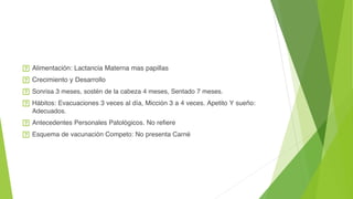  Alimentación: Lactancia Materna mas papillas
 Crecimiento y Desarrollo
 Sonrisa 3 meses, sostén de la cabeza 4 meses, Sentado 7 meses.
 Hábitos: Evacuaciones 3 veces al día, Micción 3 a 4 veces. Apetito Y sueño:
Adecuados.
 Antecedentes Personales Patológicos. No refiere
 Esquema de vacunación Competo: No presenta Carné
 