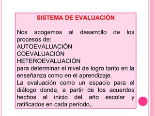 SISTEMA DE EVALUACIÓN
Nos acogemos al desarrollo de los
procesos de:
AUTOEVALUACIÓN
COEVALUACIÓN
HETEROEVALUACIÓN
para determinar el nivel de logro tanto en la
enseñanza como en el aprendizaje.
La evaluación como un espacio para el
diálogo donde, a partir de los acuerdos
hechos al inicio del año escolar y
ratificados en cada período,.
 