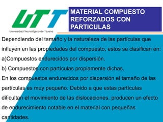 MATERIAL COMPUESTO
REFORZADOS CON
PARTICULAS
Dependiendo del tamaño y la naturaleza de las partículas que
influyen en las propiedades del compuesto, estos se clasifican en:
a)Compuestos endurecidos por dispersión.
b) Compuestos con partículas propiamente dichas.
En los compuestos endurecidos por dispersión el tamaño de las
partículas es muy pequeño. Debido a que estas partículas
dificultan el movimiento de las dislocaciones, producen un efecto
de endurecimiento notable en el material con pequeñas
cantidades.

 