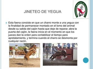 JINETEO DE YEGUA
 Esta faena consiste en que un charro monte a una yegua con
la finalidad de permanecer montado en el lomo del animal
desde su salida del cajón hasta que deje de reparar, abra la
puerta del cajón, la faena inicia en el momento en que los
jueces dan la orden para contabilizar el tiempo para
apretalamiento, y termina cuando el charro se desmonta por
cualquier razón.
 