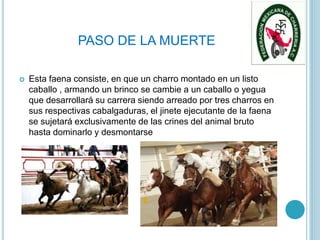 PASO DE LA MUERTE
 Esta faena consiste, en que un charro montado en un listo
caballo , armando un brinco se cambie a un caballo o yegua
que desarrollará su carrera siendo arreado por tres charros en
sus respectivas cabalgaduras, el jinete ejecutante de la faena
se sujetará exclusivamente de las crines del animal bruto
hasta dominarlo y desmontarse
 