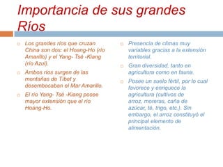 Importancia de sus grandes
Ríos






Los grandes ríos que cruzan
China son dos: el Hoang-Ho (río
Amarillo) y el Yang- Tsé -Kiang
(río Azul).
Ambos ríos surgen de las
montañas de Tíbet y
desembocaban el Mar Amarillo.

El río Yang- Tsé -Kiang posee
mayor extensión que el río
Hoang-Ho.



Presencia de climas muy
variables gracias a la extensión
territorial.



Gran diversidad, tanto en
agricultura como en fauna.



Posee un suelo fértil, por lo cual
favorece y enriquece la
agricultura (cultivos de
arroz, moreras, caña de
azúcar, té, trigo, etc.). Sin
embargo, el arroz constituyó el
principal elemento de
alimentación.

 