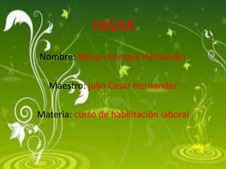 INSAR
Nombre: Nelson Enrique Hernández
Maestro: julio Cesar Hernández
Materia: curso de habilitación laboral
 