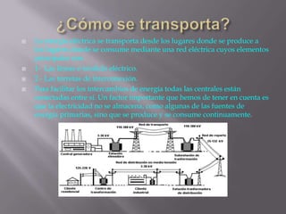  La energía eléctrica se transporta desde los lugares donde se produce a
los lugares donde se consume mediante una red eléctrica cuyos elementos
principales son:
 1- Las líneas o tendido eléctrico.
 2 - Las torretas de interconexión.
 Para facilitar los intercambios de energía todas las centrales están
conectadas entre sí. Un factor importante que hemos de tener en cuenta es
que la electricidad no se almacena, como algunas de las fuentes de
energía primarias, sino que se produce y se consume continuamente.
 