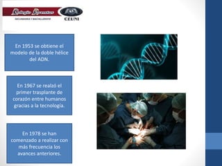 En 1953 se obtiene el
modelo de la doble hélice
del ADN.
En 1967 se realzó el
primer trasplante de
corazón entre humanos
gracias a la tecnología.
En 1978 se han
comenzado a realizar con
más frecuencia los
avances anteriores.
 