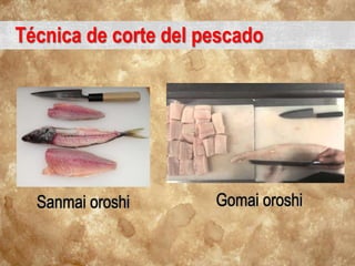 Técnica de corte del pescado
Sanmai oroshi Gomai oroshi
 