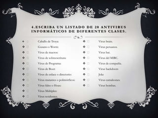 4 . E S C R I B A U N L I S TA D O D E 2 0 A N T I V I R U S
        INFORMÁTICOS DE DIFERENTES CLASES.

          Caballo de Troya:                    Virus brain.
          Gusano o Worm:                       Virus peruanos.
          Virus de macros:                     Virus bat.
          Virus de sobreescritura:             Virus del MIRC.
          Virus de Programa:                   Virus de compañía.
          Virus de Boot:                       Virus backdoors
          Virus de enlace o directorio:        Joke
          Virus mutantes o polimórficos:       Virus camaleones.
          Virus falso o Hoax:                  Virus bombas.
          Virus Múltiples:
          Virus residentes.
 