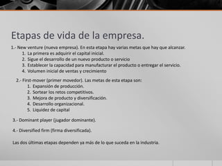 Etapas de vida de la empresa.
1.- New venture (nueva empresa). En esta etapa hay varias metas que hay que alcanzar.
      1. La primera es adquirir el capital inicial.
      2. Sigue el desarrollo de un nuevo producto o servicio
      3. Establecer la capacidad para manufacturar el producto o entregar el servicio.
      4. Volumen inicial de ventas y crecimiento
  2.- First-mover (primer movedor). Las metas de esta etapa son:
         1. Expansión de producción.
         2. Sortear los retos competitivos.
         3. Mejora de producto y diversificación.
         4. Desarrollo organizacional.
         5. Liquidez de capital

3.- Dominant player (jugador dominante).

4.- Diversified firm (firma diversificada).

Las dos últimas etapas dependen ya más de lo que suceda en la industria.
 