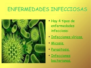 ENFERMEDADES INFECCIOSAS
●

Hay 4 tipos de
enfermedades
infecciosa:

●

Infecciones víricas.

●

Micosis.

●

Parasitosis.

●

Infecciones
bacterianas.

 