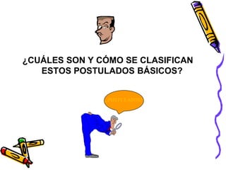 ¿CUÁLES SON Y CÓMO SE CLASIFICAN 
ESTOS POSTULADOS BÁSICOS? 
¿POSTULADOS? 
 
