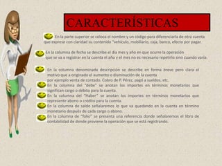 CARACTERÍSTICAS
En la parte superior se coloca el nombre y un código para diferenciarla de otra cuenta
que exprese con claridad su contenido “vehículo, mobiliario, caja, banco, efecto por pagar.
En la columna de fecha se describe el día mes y año en que ocurre la operación
que se va a registrar en la cuenta el año y el mes no es necesario repetirlo sino cuando varía.
En la columna denominada descripción se describe en forma breve pero clara el
motivo que a originado el aumento o disminución de la cuenta
por ejemplo venta de contado. Cobro de P. Pérez, pagó a sueldos, etc.
En la columna del “debe” se anotan los importes en términos monetarios que
significan cargo o débito para la cuenta.
En la columna del “Haber” se anotan los importes en términos monetarios que
represente abono o crédito para la cuenta.
En la columna de saldo señalaremos lo que va quedando en la cuenta en término
monetario después de cada cargo o abono.
En la columna de “folio” se presenta una referencia donde señalaremos el libro de
contabilidad de donde proviene la operación que se está registrando.
 