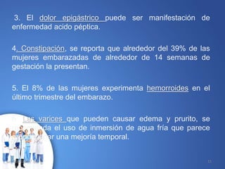 3. El dolor epigástrico puede ser manifestación de
enfermedad acido péptica.
4. Constipación, se reporta que alrededor del 39% de las
mujeres embarazadas de alrededor de 14 semanas de
gestación la presentan.
5. El 8% de las mujeres experimenta hemorroides en el
último trimestre del embarazo.
6. Las varices que pueden causar edema y prurito, se
recomienda el uso de inmersión de agua fría que parece
proporcionar una mejoría temporal.
10/02/2017 15
 