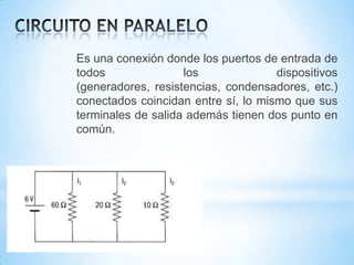 Es una conexión donde los puertos de entrada de
todos
los
dispositivos
(generadores, resistencias, condensadores, etc.)
conectados coincidan entre sí, lo mismo que sus
terminales de salida además tienen dos punto en
común.

 