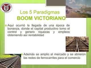 BOOM VICTORIANO
 Aquí ocurrió la llegada de una época de
bonanza, donde el capital productivo tomo el
control y genero riquezas y empleos
obteniendo así rentabilidad
Los 5 Paradigmas
 Además se amplio el mercado y se abrieron
las redes de ferrocarriles para el comercio
 