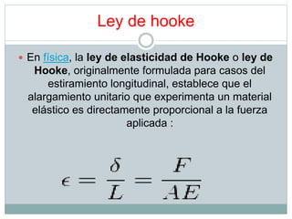 Ley de hooke 
 En física, la ley de elasticidad de Hooke o ley de 
Hooke, originalmente formulada para casos del 
estiramiento longitudinal, establece que el 
alargamiento unitario que experimenta un material 
elástico es directamente proporcional a la fuerza 
aplicada : 
 