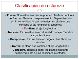 Clasificación de esfuerzo 
 Fuerza. Son esfuerzos que se pueden clasificar debido a 
las fuerzas. Generan desplazamiento. Dependiendo si 
están contenidos (o son normales) en el plano que 
contiene al eje longitudinal tenemos: 
 Contiene al eje longitudinal: 
 Tracción. Es un esfuerzo en el sentido del eje. Tiende a 
alargar las fibras. 
 Compresión. Es una tracción negatia. Las fibras se 
acortan. 
 Normal al plano que contiene el eje longitudinal: 
 Cortadura. Tiende a cortar las piezas mediante 
desplazamiento de las secciones afectadas. 
 