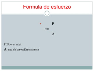 Formula de esfuerzo 
 P 
σ= 
A 
P:Fuerza axial 
A:area de la sección trasversa 
 