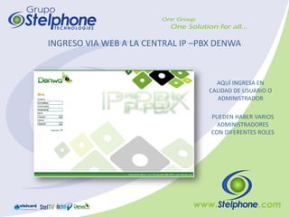 INGRESO VIA WEB A LA CENTRAL IP –PBX DENWA



                                     AQUÍ INGRESA EN
                                   CALIDAD DE USUARIO O
                                      ADMINISTRADOR

                                   PUEDEN HABER VARIOS
                                     ADMINISTRADORES
                                   CON DIFERENTES ROLES
 