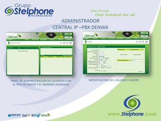 ADMINISTRADOR
                           CENTRAL IP –PBX DENWA




PANEL DE ADMINISTRACION DE USUARIOS CON   MODIFICACION DEL USUARIO O ANEXO
 EL TIPO DE ANEXO Y EL NUMERO ASIGNADO
 