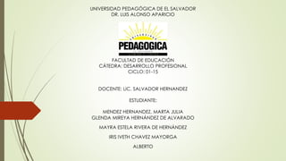 UNIVERSIDAD PEDAGÓGICA DE EL SALVADOR
DR. LUIS ALONSO APARICIO
FACULTAD DE EDUCACIÓN
CÁTEDRA: DESARROLLO PROFESIONAL
CICLO: 01-15
DOCENTE: LIC. SALVADOR HERNANDEZ
ESTUDIANTE:
MENDEZ HERNANDEZ, MARTA JULIA
GLENDA MIREYA HERNÁNDEZ DE ALVARADO
MAYRA ESTELA RIVERA DE HERNÁNDEZ
IRIS IVETH CHAVEZ MAYORGA
ALBERTO
 