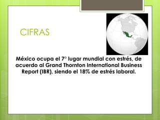 CIFRAS
México ocupa el 7° lugar mundial con estrés, de
acuerdo al Grand Thornton International Business
Report (IBR), siendo el 18% de estrés laboral.
 
