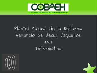 Plantel Mineral de la Reforma
    Venancio de Jesus Jaqueline
                4101
            Informática




                   
 
