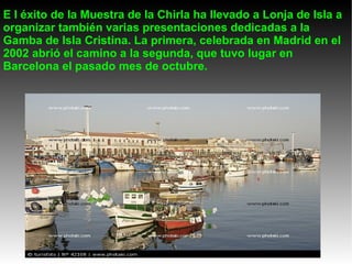E E l éxito de la Muestra de la Chirla ha llevado a Lonja de Isla a organizar también varias presentaciones dedicadas a la Gamba de Isla Cristina. La primera, celebrada en Madrid en el 2002 abrió el camino a la segunda, que tuvo lugar en Barcelona el pasado mes de octubre.  
