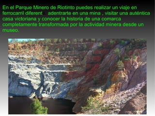 En el Parque Minero de Riotinto puedes realizar un viaje en ferrocarril diferent e,  adentrarte en una mina , visitar una auténtica casa victoriana y conocer la historia de una comarca completamente transformada por la actividad minera desde un museo. 