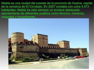 Niebla es una ciudad del sureste de la provincia de Huelva, capital de la comarca de El Condado. En 2007 contaba con unos 4.073 habitantes. Niebla ha sido siempre un enclave destacado, asentamiento de diferentes pueblos como fenicios, romanos, visigodos y musulmanes. 