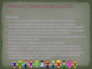 Derechos._
 Ser actores fundamentales en una Educación pertinente
 Ser tratado con justicia,dignidad,respeto a su diversidad
  individual, cultural y lingüística (evitar discriminación alguna)
 Intervenir en la evaluación como parte y finalidad de su proceso
  educativo sin discriminación de ninguna naturaleza
 Recibir gratuitamente servicios de carácter social,psicoligico y de
  atencion integral de salud
 Recibir apoyo pedagógico y tutoría académicas .
 A la libertad de organización y expresión garantizadas en la
  constitucion a elegir o ser elegidos en el gobierno estudiantil.
 Participar con voz y voto en los gobiernos escolares ciudadanos
  en aquellas decisiones que no impliquen responsabilidades
  civiles, administrativas Y/o penales.
 