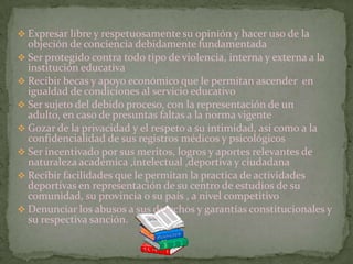  Expresar libre y respetuosamente su opinión y hacer uso de la
  objeción de conciencia debidamente fundamentada
 Ser protegido contra todo tipo de violencia, interna y externa a la
  institución educativa
 Recibir becas y apoyo económico que le permitan ascender en
  igualdad de condiciones al servicio educativo
 Ser sujeto del debido proceso, con la representación de un
  adulto, en caso de presuntas faltas a la norma vigente
 Gozar de la privacidad y el respeto a su intimidad, así como a la
  confidencialidad de sus registros médicos y psicológicos
 Ser incentivado por sus meritos, logros y aportes relevantes de
  naturaleza académica ,intelectual ,deportiva y ciudadana
 Recibir facilidades que le permitan la practica de actividades
  deportivas en representación de su centro de estudios de su
  comunidad, su provincia o su país , a nivel competitivo
 Denunciar los abusos a sus derechos y garantías constitucionales y
  su respectiva sanción.
 