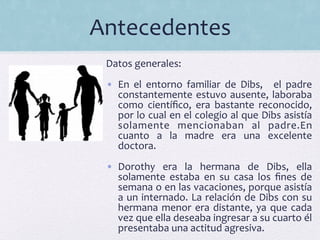 Antecedentes	
  
Datos	
  generales:	
  
•  En	
   el	
   entorno	
   familiar	
   de	
   Dibs,	
   	
   el	
   padre	
  
constantemente	
  estuvo	
  ausente,	
  laboraba	
  
como	
   cientíﬁco,	
   era	
   bastante	
   reconocido,	
  
por	
  lo	
  cual	
  en	
  el	
  colegio	
  al	
  que	
  Dibs	
  asistía	
  
solamente	
   mencionaban	
   al	
   padre.En	
  
cuanto	
   a	
   la	
   madre	
   era	
   una	
   excelente	
  
doctora.	
  
•  Dorothy	
   era	
   la	
   hermana	
   de	
   Dibs,	
   ella	
  
solamente	
   estaba	
   en	
   su	
   casa	
   los	
   ﬁnes	
   de	
  
semana	
  o	
  en	
  las	
  vacaciones,	
  porque	
  asistía	
  
a	
  un	
  internado.	
  La	
  relación	
  de	
  Dibs	
  con	
  su	
  
hermana	
  menor	
  era	
  distante,	
  ya	
  que	
  cada	
  
vez	
  que	
  ella	
  deseaba	
  ingresar	
  a	
  su	
  cuarto	
  él	
  
presentaba	
  una	
  actitud	
  agresiva.	
  	
  
 