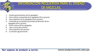 INFORMACION REQUERIDA PARA EL DISEÑO
DE MEZCLAS.
1. - Análisis granulométrico de los agregados
2. - Peso unitario compactado de lo agregados (fino y grueso)
3. - Peso específico de los agregados (fino y grueso)
4. - Contenido de humedad y porcentaje de absorción de los
agregados (fino y grueso)
5. - Perfil y textura de los agregados
6. - Tipo y marca del cemento
7. - Peso específico del cemento
8. - La relación agua/cemento.
 