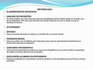 METODOLOGIAELABORACION DE ENCUESTASANALISIS DE ENCUESTASEn este análisis se pudo observar que los estudi8antes tienen fallas serias en el buen uso de la ortografía, otra cosa que también de puede observar es que se debe a la poca escritura y lectura.ACTIVIDADESDICTADOComo primera actividad se realizo un dictado de un cuento infantil.PERIODICO MURALEste se publico con el objetivo de motivación para que los estudiantes beneficiarios se encaminen ala buena ortografía.CONCURSO ORTOGRAFICOComo tercera actividad se realizo un concurso ortográfico en el cual se midió la capacidad de cada uno de los alumnos en ortografía.EXCELENTES ALUMNOS EN ORTOGRAFIA Este fue publicado en el periódico mural de acuerdo a los resultados de la primera y tercera actividad.