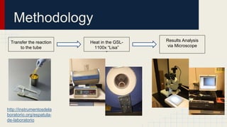 Methodology
Transfer the reaction
to the tube
Heat in the GSL-
1100x “Lisa”
”
Results Analysis
via Microscope
http://instrumentosdela
boratorio.org/espatula-
de-laboratorio
 